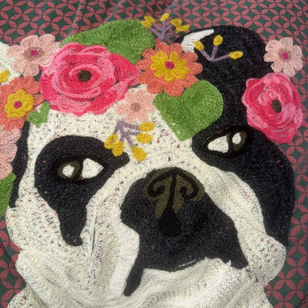 Karma Living Classic Embroidered Pug Pillow‎ Farm Floral Pillow 18